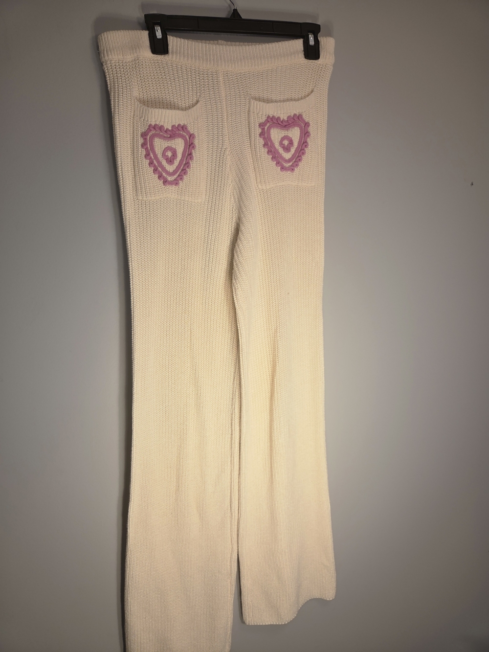 Lalavon Cream Knit Wide Leg Pants with Pink Crochet Hearts - Size S.